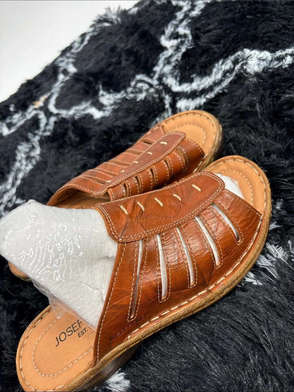 Josef Seibel brown leather slide on Catalonia 77 Sandal wedge shoes  37 (6.5-7)